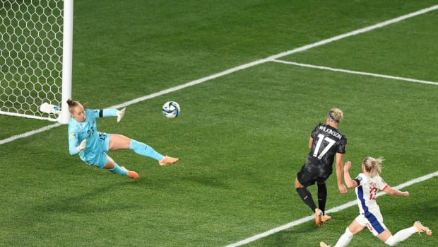 Hannah Wilkinson pictured (center) scoring the first goal of the 2023 FIFA Women's World Cup to help New Zealand beat Norway 1-0 at Eden Park in Auckland